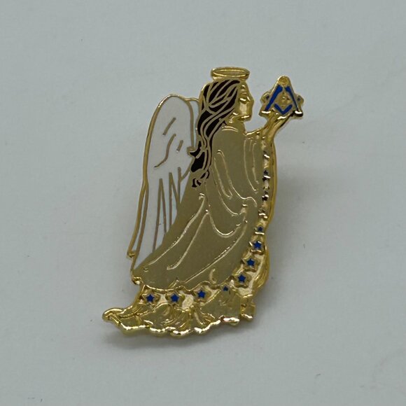 Free Mason Pin Angel Holding Square & Compass Masonic Gold-tone and Enamel - Picture 9 of 13